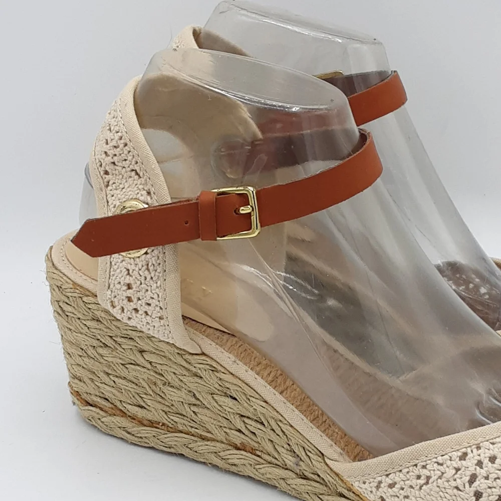 Lauren Ralph Lauren Cream and Brown Espadrille Wedges with Ankle Strap